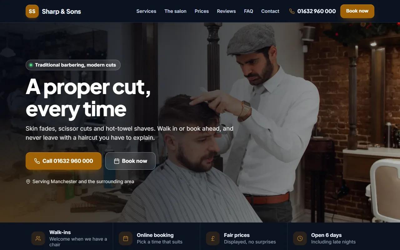 Example design: a barber's website on a laptop